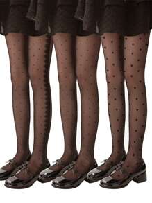 3 Paar modische Damen Strumpfhosen mit Jacquard-Herzmuster und Polka Punkten in Schwarz, Anti-Kratz, stark und strapazierfähig, mit hoher Elastizität, geeignet für Lolita, JK, täglichen Lässig Wear, Unterziehstrümpfe