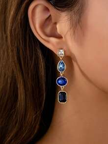 1 Pair Fashionable European And American Geometric Rhinestone Earrings, Vintage Palace Style Gradient Earrings, Versatile High-End Earrings Suitable For Women's Daily Wear - Blue - View 7