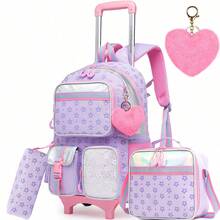 Conjunto de 3 Mochilas com Rodinhas para Meninas, Multibolsos com Estampa de Estrelas e Corações, Ideal para Meninas, Ótima Opção de Presente para Meninas - Coração com vários bolsos e estrela de cinco pontas - Ver 18