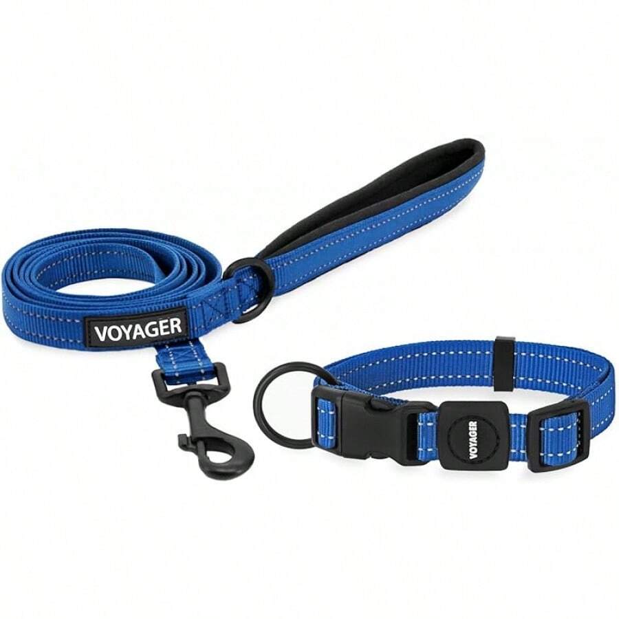 Mejores Suministros para Mascotas Correa o Collar Reflectante para Perros Voyager con de Neopreno, para Cachorros de Razas Pequeñas, Medianas y Grandes, Lindo y Resistente para Caminar, Correr y Entrenar - Turquesa, S - Juego de collar y correa (azul real) - Ver 1