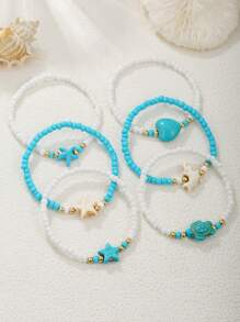 6pcs/Set Adorable Turtle & Starfish Beaded Bracelets, Suitable For Teens Beach Vacation Or Friendship Gift