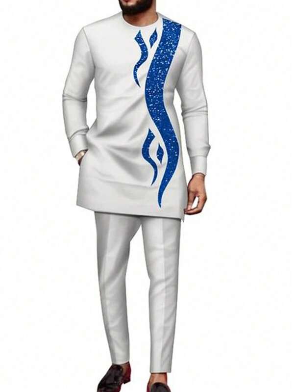 New Kaftan African Style Men 2-Piece Set, Long Sleeve Solid Color Top And Pants Suit, Elegant For Business, Party, Wedding