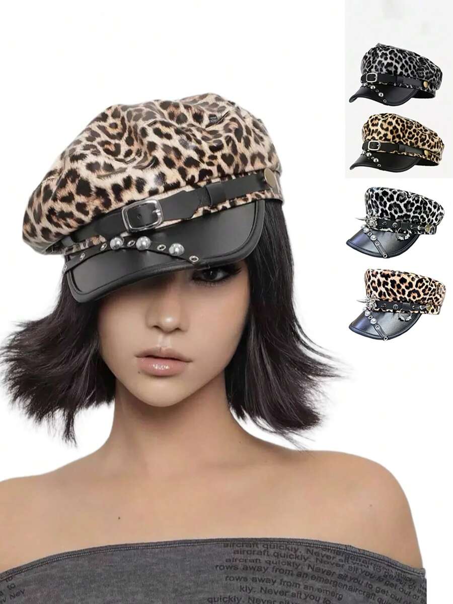 1pc Couple Style Year-Round Unique Design Punk Fashion Leopard Print Pattern Naval Beret Hat With Metal Studs, Leather Buckle, Spider Decoration, Vintage Distressed PU Leather Newsboy Cap