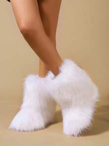 2025年女士仿皮草内衬高筒靴，保暖防滑雪地靴，冬季时尚中筒设计 - 白色 - 查看 6
