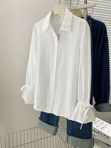 女士纯色简约日常穿搭纽扣前开襟短后长衬衫 白色 春季 - 白色 - 查看 2