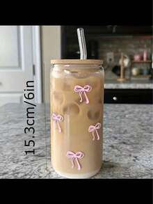 1 chiếc cốc thủy tinh hình nơ 450ml (có ống hút), đựng sữa, cà phê, latte, nước ép tối giản, quay lại trường học - trong suốt - Xem 5
