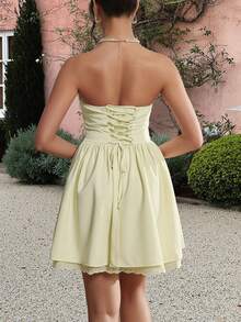 Váy ngắn màu vàng bơ cho nữ dự tiệc mùa hè, váy ren hở vai thanh lịch gợi cảm - Màu vàng - Xem 2