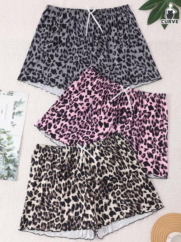 3pcs/Set Plus Size Women Leopard Print Knitted Shorts Pajama Pants Home Wear