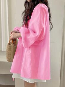 Áo sơ mi nữ dáng rộng nhiều màu sắc cổ nơ kèm dây đeo nơ, món đồ thiết yếu cho trang phục nữ sinh mùa xuân. - Hồng - Xem 4