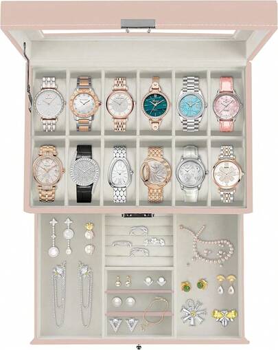 Ogrmar 12 Slot PU Leather Lockable Watch Storage Boxes, Men & Women Jewelry Display Drawer, 2-Tier Organizer Watch Showcase With Glass Lid (White)