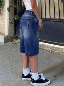 1 pièce Short en jean droit couleur unie décontracté pour femme, pantalon lâche élégant et polyvalent avec bouton et fermeture éclair, pour l'été/l'automne