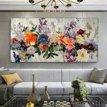 1 peça, arte em tela floral vibrante grande, 50x100 cm/19,68x27,55 polegadas, decoração de parede moderna sem moldura, flores coloridas com folhas verdes, ideal para sala de estar e quarto, decoração de quarto, arte de parede em tela