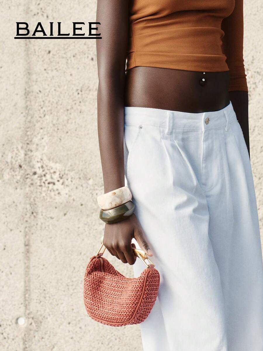 1个新款时尚金属手柄休闲度假风纸编织手提包，简约女士手提包，适合海滩、旅行、假日必备 - 彩色 - 查看 1