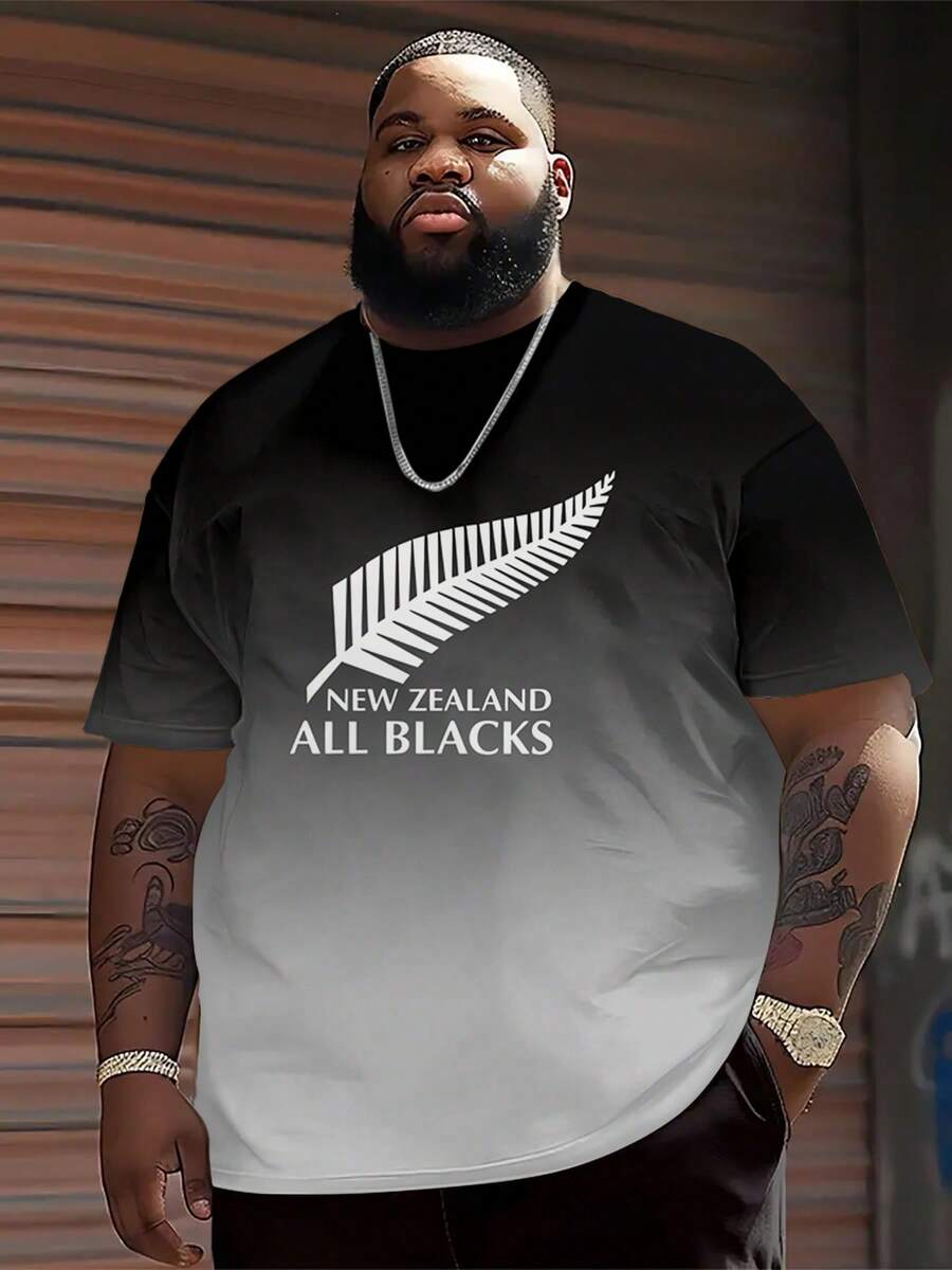 加大码男士休闲 T 恤 | 涤纶人造丝混纺，白色羽毛和新西兰全黑字母图案印花，渐变色，圆领，短袖，可机洗，加大码 - 彩色 - 查看 1