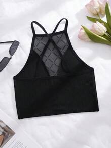 Sexy Sheer Contrast Mesh Wire-Free Bra For Women, Crossback Design & Flocked Pattern