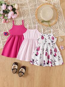 3pcs/Set Baby Girls Floral Printed Spaghetti Strap Dress + Solid Color Button Strap Dress + Plaid Print Button Patchwork Strap Dress