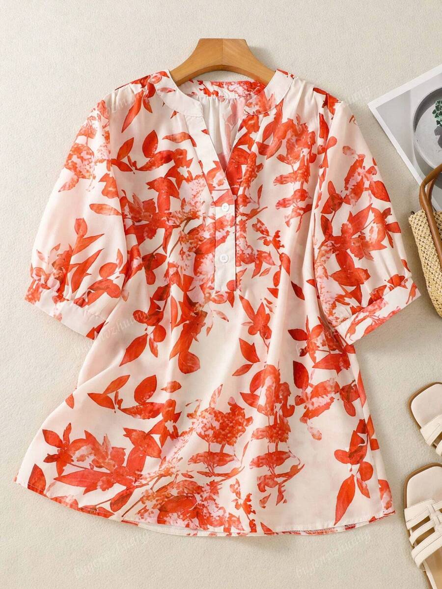 Women's All-Over Botanical Print Button-Front Shirt - Keyhole Neckline Short Sleeve Blouse For Date Nights/Concert Outfits/Travel, Spring-Fall Wardrobe Must-Have