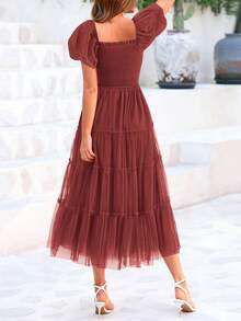 Women's  Summer Pleated Mid-Length Tulle Dress Puffy Short Sleeve Square Collar Ruffled Wedding Guest Graduation Party Dress - 磚紅色 - 查看 3