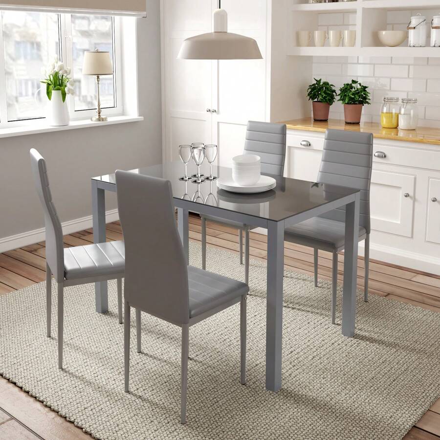 Jooli H Dining Table And Chairs Set 4, 120cm Glass Table With 4 PU Leather Upholstered High Back Chairs Modern Dining Room Sets For Home Kitchen, Grey - Grey - View 1