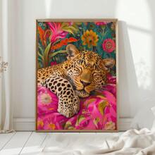 1pc, Canvas Hanging Picture, Framed, Vibrant Lion And Leopard Canvas Poster, Modern Art Wall Decor With Floral And Animal Patterns For Living Room, Bedroom, Bathroom, Home Office - Stylish Interior Home Decor, Room Decor