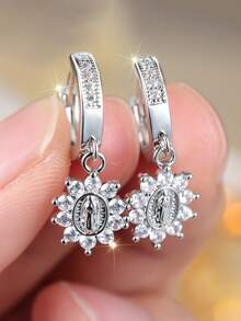 Vanel 2pcs Luxury Classic Copper Alloy Inlaid White Cubic Zirconia Virgin Mary Pendant Earring Set, Suitable For Women Engagement/Wedding Decoration - earring - View 5