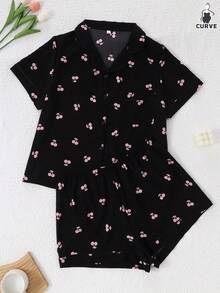 Plus Size Women Cherry Print Short Sleeve Shirt Pajama Set With Shorts, Outfits - Black - View 8