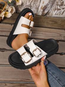 新款大码女式厚底坡跟凉鞋，时尚百搭简约风格，柔软舒适，全脚包裹，春夏穿搭 - 白色 - 查看 2