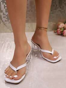1 Pair Plus Size Women's Summer Soft Leather Square Toe Slippers, Thong Sandals With Chunky Heels, Versatile Stilettos Flip Flops With Crystal Heels