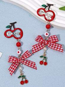 2 piezas Pinzas para el cabello con lazo estilo Y2K con diseño de cerezas y fresas para niñas, pasador de cabello con cinta a cuadros rojos retro, accesorios kawaii para el cabello con diseño floral y de frutas, para fiesta de San Valentín, Navidad, primavera y verano, festivales