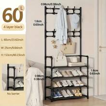 1pc Entry Coat Rack, 23.62" Wide Entryway Shoe Rack, Free Standing Clothes Hanger With 4/5 Tier Storage Shelves And 8 Double Hooks, Organizer For Living Room, Bathroom, Hallway (Self-Assembly Required)