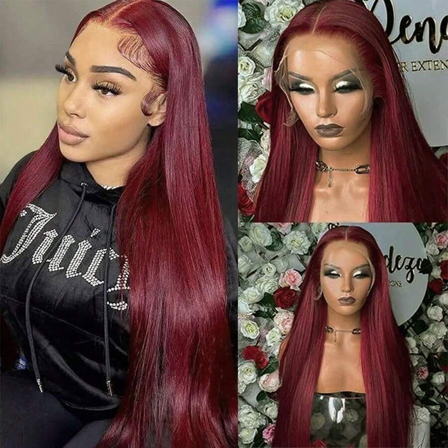 13X6 Platinum White Synthetic Lace Front Wigs 28 Inch Pre Plucked Long Straight Hair Wigs Glueless White Wigs Heat Resistant Fiber Hair Natural Halloween Wigs Platinum Blonde Lace Front Wigs For Women For Daily Christmas Party Cosplay Use - 酒紅色 - 查看 1