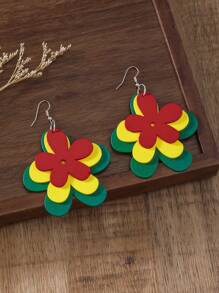 1 Pair Bohemian Wooden Multi-Layer Colorful Floral Earrings, Fashion Accessory For Vacation And Casual Wear
