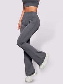 1pc Women's Solid Color Breathable Yoga Wide Leg Pants With Pockets, Tight Fit Flared Trousers For Outdoor, Sports, Cycling, Running, Tennis Spring - Grey - View 5