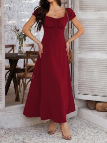 PoPoHouse Women's Solid-Color Bohemian Vacation-Style Dress With A Low-Cut Off-The-Shoulder Neckline And Back Tie Detailing.
