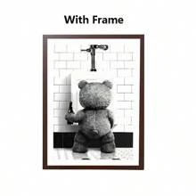 1 pièce - Image sur canevas abstraite style vintage d'un ours buvant de la bière et urinant dans les toilettes. Idéal pour décoration murale de salle de bain à la maison.