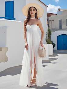 Women Summer Sleeveless Dress Irregular Ruffled Hem Backless Cocktail Party Dress For Beach Club Streetwear - White - View 4