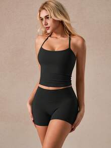 NcmRyu Women's Sexy Seamless Elastic Camisole And Shorts Activewear Set - Black - View 9