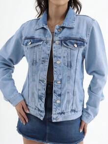 Women's Casual Denim Jacket - 淺色水洗藍 - 查看 2
