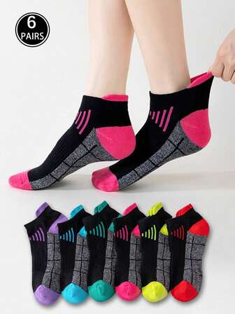 6 pares de calcetines deportivos para mujer, calcetines cortos, calcetines de entrenamiento, calcetines de cuello redondo, calcetines a rayas negras, adecuados para correr, hacer ejercicio y ciclismo