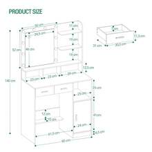 Schminktisch mit Spiegel und 10 LED-Beleuchtung, Einstellbare Helligkeit, Schminkkommode mit 2 Schublade & 1 Schrank, 3 Ablagen & 4 offenen Fächern