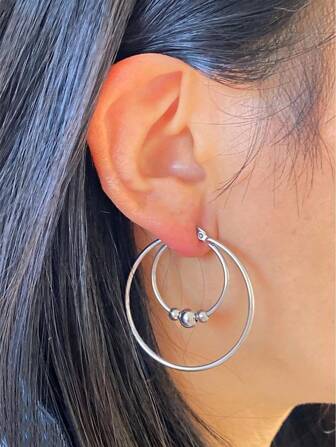 2 piezas de pendientes de aro con cuentas redondas exageradas de acero inoxidable, diseño liso vintage de doble anillo, joyería personalizada para mujeres y hombres