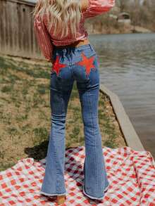 Women Back Stars High Waisted Flared Jeans Summer Y2k Star Pattern Raw Hem Slim Fit Bell Bottomed Denim Pants Vintage Jean Streetwear 4th Of July Outfits Independence Day Clothes - 藍色 - 查看 1