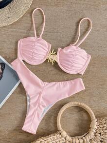 Swmmer Liket Sexy Metallic Jewelry Solid Color Bikini Women Swimsuit Set For Summer Beach Vacation - Hồng - Xem 4