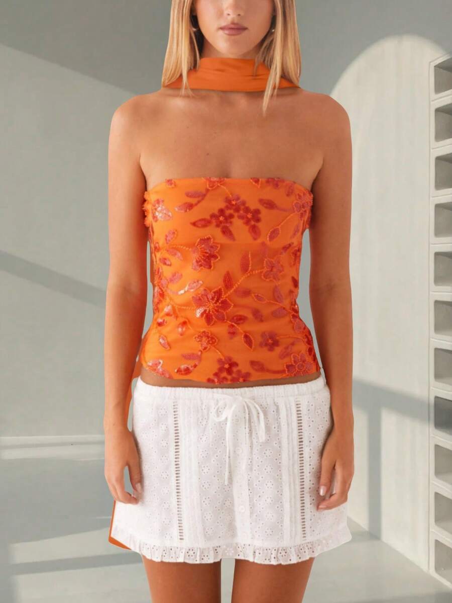 Women Sequin Beaded Tube Top With Scarf Sets Y2k Sparkly Floral Strapless Off The Shoulder Slim Fit Bandeau Crop Tops Summer Backless Sleeveless Pearl Embellished Vests Shirts Bling Glitter Rhinestone Going Out Tops Party Club Streetwear - trái cam - Xem 1