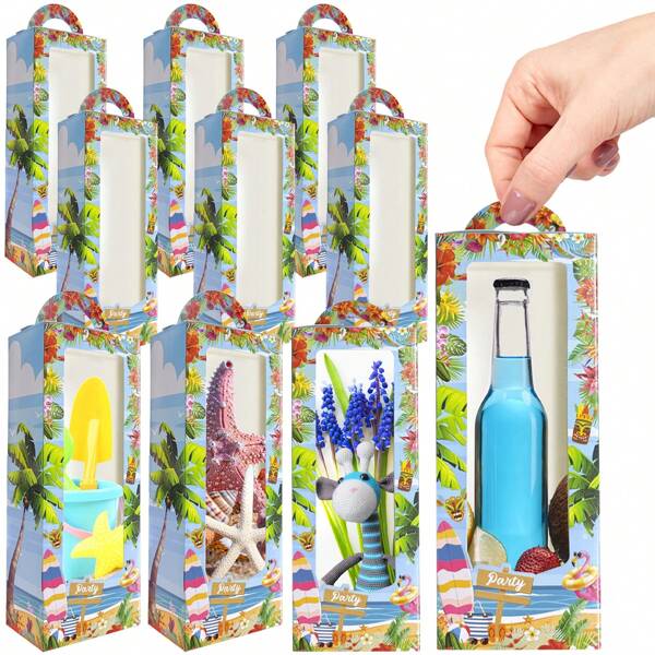 6/12 Pcs Hawaiian Theme Gift Box With Handle Floral Pattern Rectangle Paper Gift Boxes Colorful Summer Luau Party Treat Boxes For Beach Pool BBQ Birthday Party Decorations Gift Wrapping Supplies