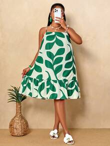BIUBIU Rochie de vară pentru femei, Plus Size, tropicală, cu frunze verzi, sexy, cu bretele spaghete, cu tiv în straturi, scurtă, plajă, casual, de vacanță, elegantă - Verde - Vizualizare 6