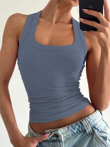 Floreya Women Square Neck Camisole Tank Top, Simple Casual Skinny Sleeveless Undergarment/Outerwear, French Style Minimalist Sporty Versatile Petite Clothing For All Seasons - Dusty Blue - View 3