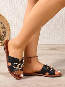 Wide Fit Rhinestone Embellished Comfortable Flat Slides Slippers, Korean Casual Slip-On Sandals For Women, Suitable For Summer, Spring & Autumn Wear, Casual, Outdoor, Beach