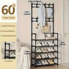 1pc Entry Coat Rack, 23.62" Wide Entryway Shoe Rack, Free Standing Clothes Hanger With 4/5 Tier Storage Shelves And 8 Double Hooks, Organizer For Living Room, Bathroom, Hallway (Self-Assembly Required)