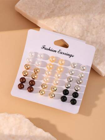 18pcs/Set Assorted Color Fashion Pearl Mini Stud Earrings, European And American Cross-Border Style